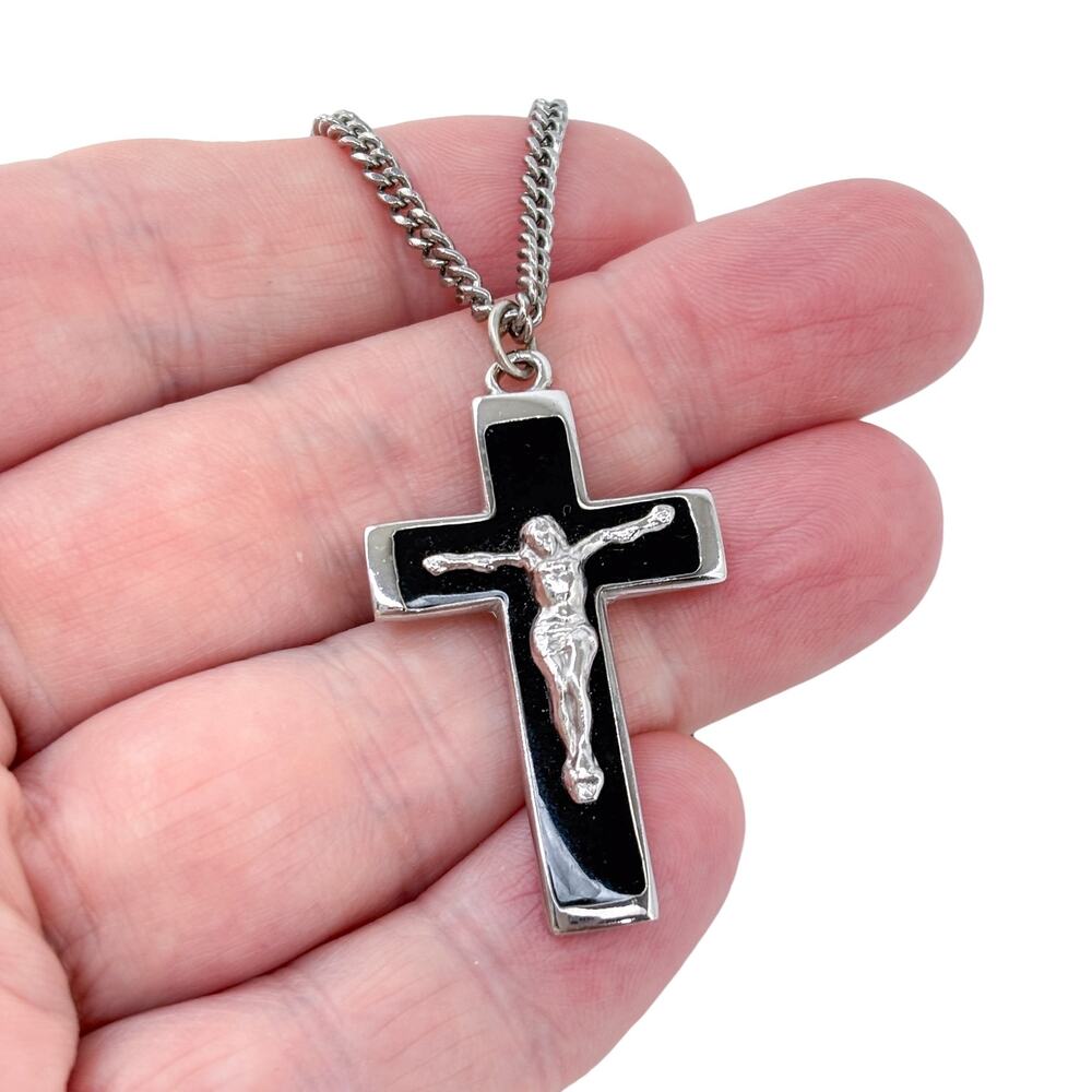 Vintage Sterling Silver 925 Black Enamel Crucifix Plated Chain Necklace 24"